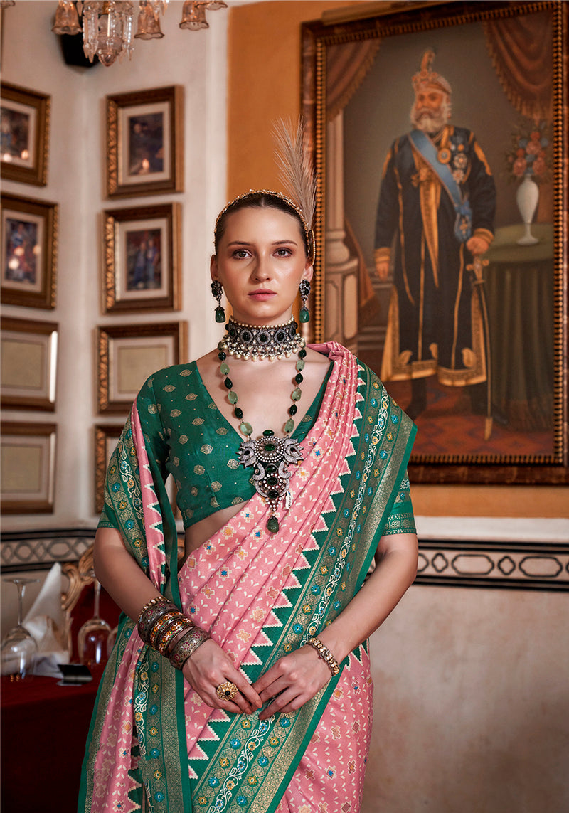 Light Pink Silk Saree with Green Printed Border