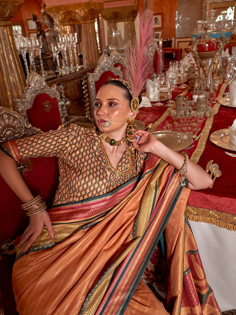Orange Silk Traditional Saree with Intricate Zari Weaving
