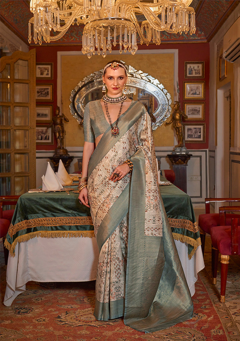 Grey Tussar silk saree with a contemporary digital print and a zari border.
