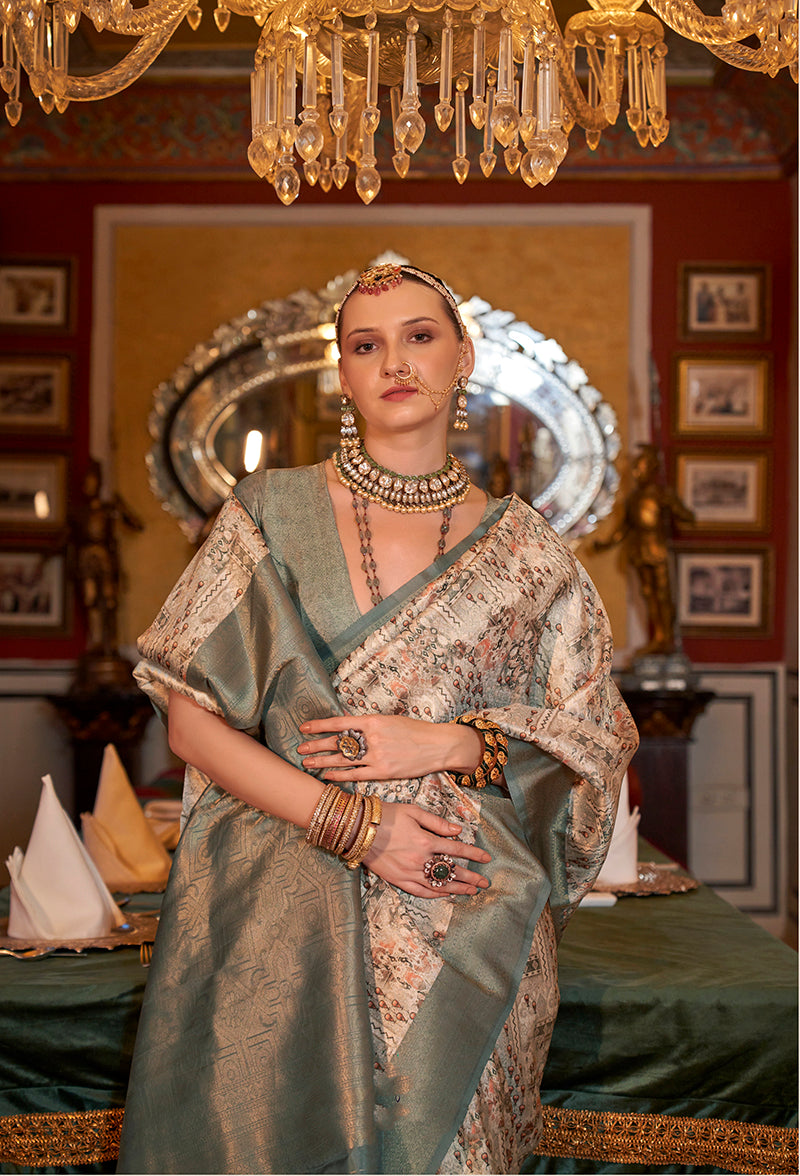 Grey Tussar Silk Saree with Digital Print and Zari Border