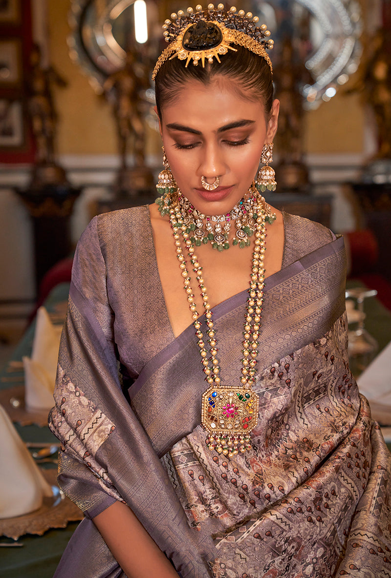 Purple Tussar Silk Saree with Digital Print and Zari Border