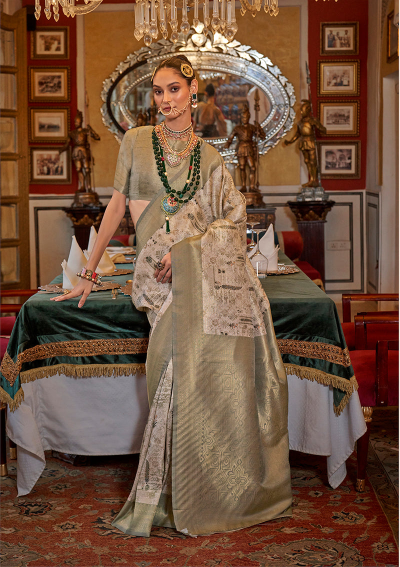 Light olive Tussar Silk saree with digital prints and metallic zari border