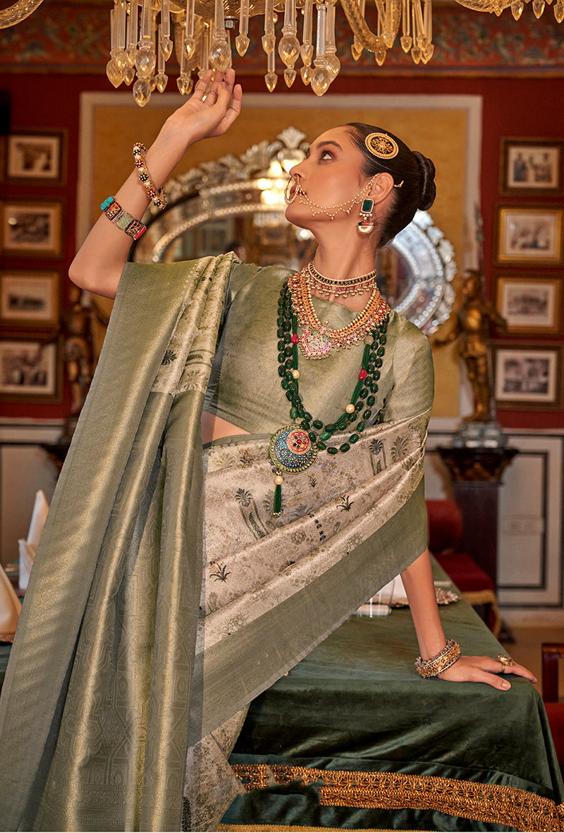 Light Olive Tussar Silk Saree with Digital Print & Zari Border