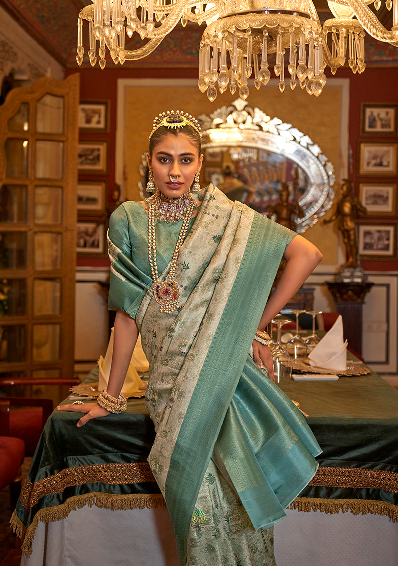 Light Turquoise Tussar Silk Saree with Digital Print & Zari Border
