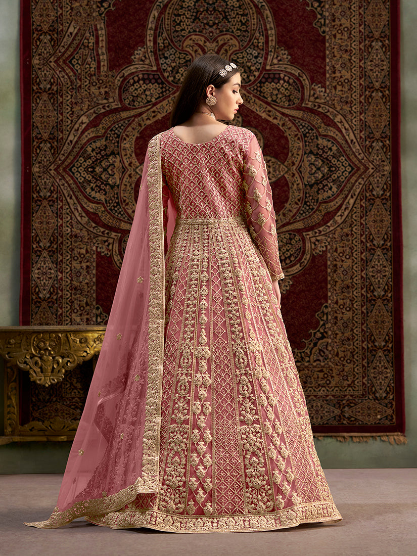 Pink Embroidered Net Salwar Suit Gown for Festive Wear