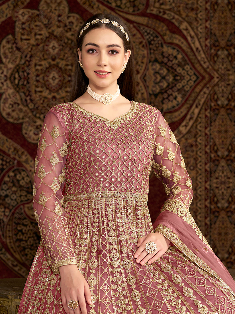 Pink Embroidered Net Salwar Suit Gown for Festive Wear