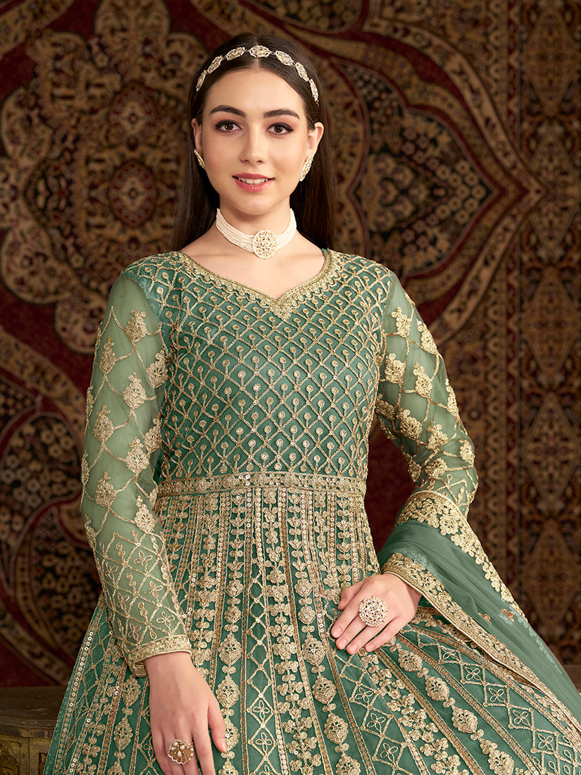 Monjolika Fashion Light-Green Color Embroidered Santoon Net Salwar Suit