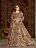 Brown embroidered net salwar suit in a dramatic gown style