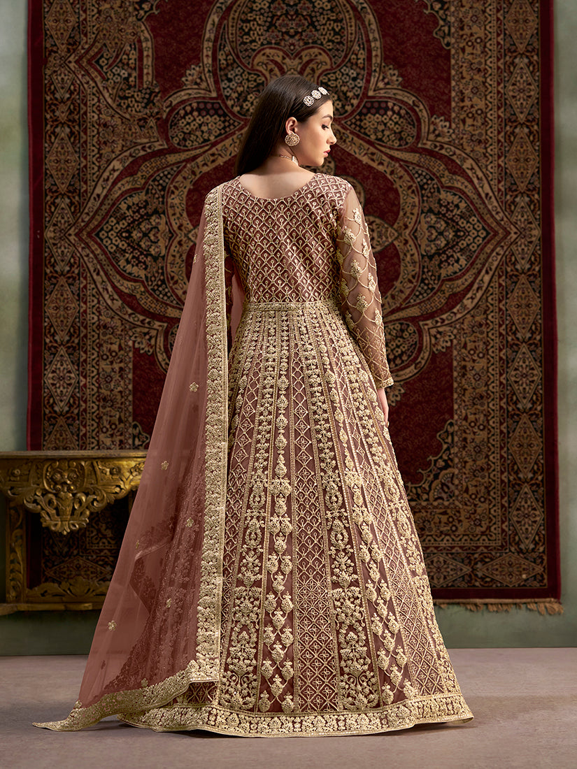 Brown Embroidered Net Salwar Suit with Santoon Lining