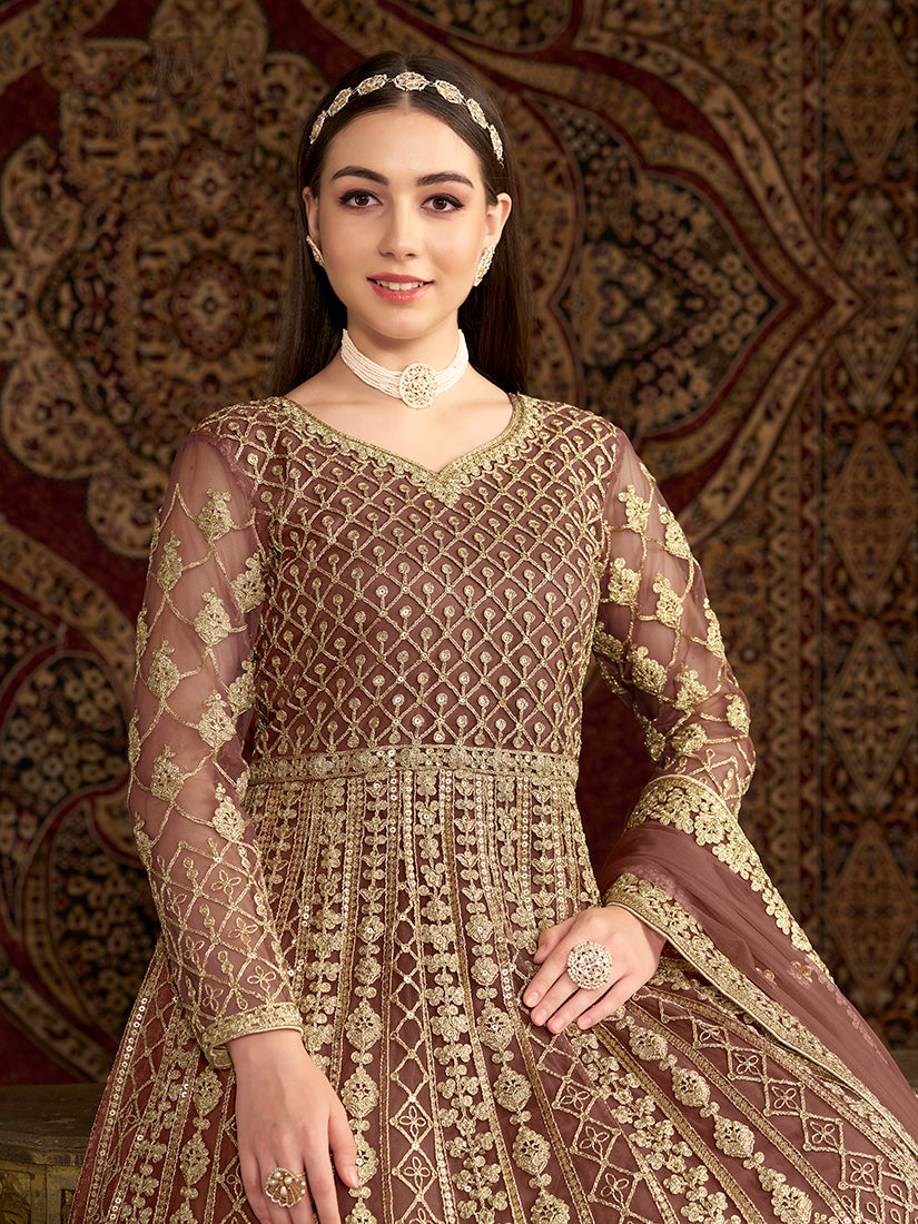 Brown Embroidered Net Salwar Suit with Santoon Lining