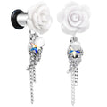 White rose flower dangle ear plugs with angel wing charm, clear crystal accents, and faux pearl details