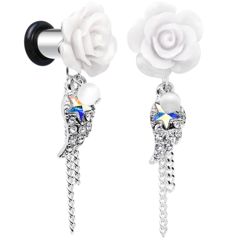 White rose flower dangle ear plugs with angel wing charm, clear crystal accents, and faux pearl details