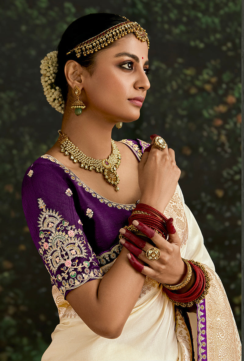Cream Dola Silk Reception Saree with Sequins Border