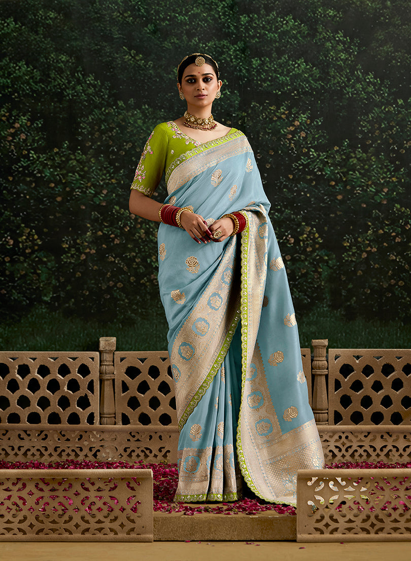 Aqua Blue Dola Silk Saree with Sequins Embroidered Border