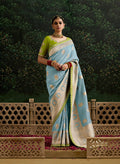 Aqua Blue Dola Silk Saree with Sequins Embroidered Border
