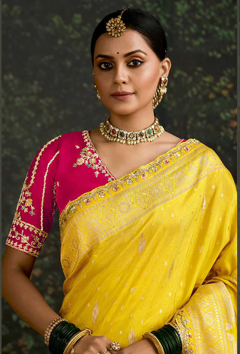 Yellow Dola Silk Saree with Sequins Embroidered Border Work