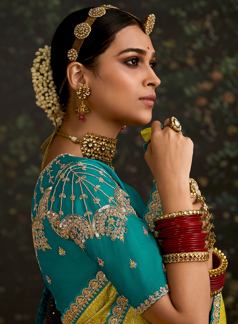 Light Olive Green Dola Silk Saree with Sequins Embroidered Border