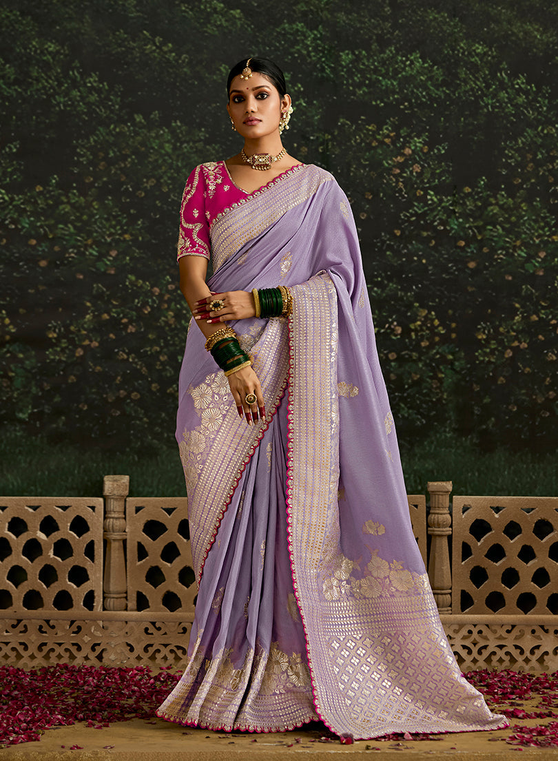 Lavender Dola silk saree with sequin embroidered border