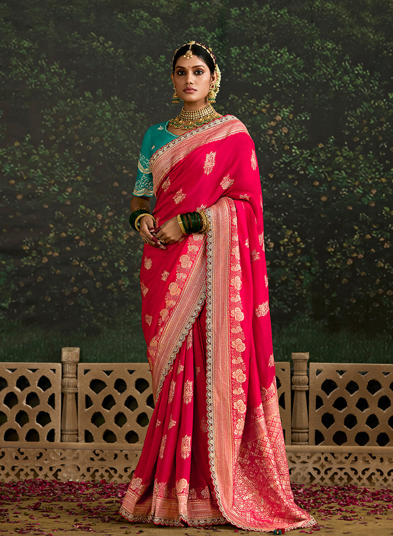 Crimson Dola silk saree with gold floral embroidery, sequins, and zari border for formal events
