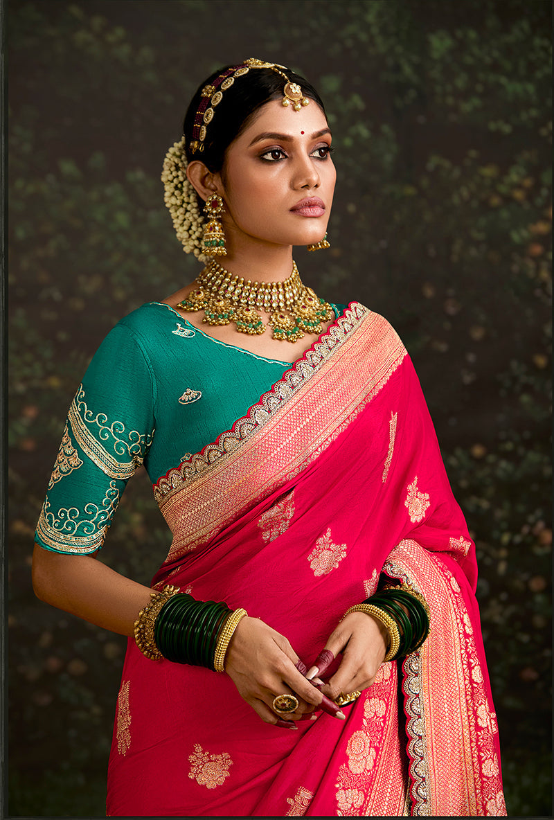 Crimson Dola Silk Saree with Floral Sequins and Embroidered Border