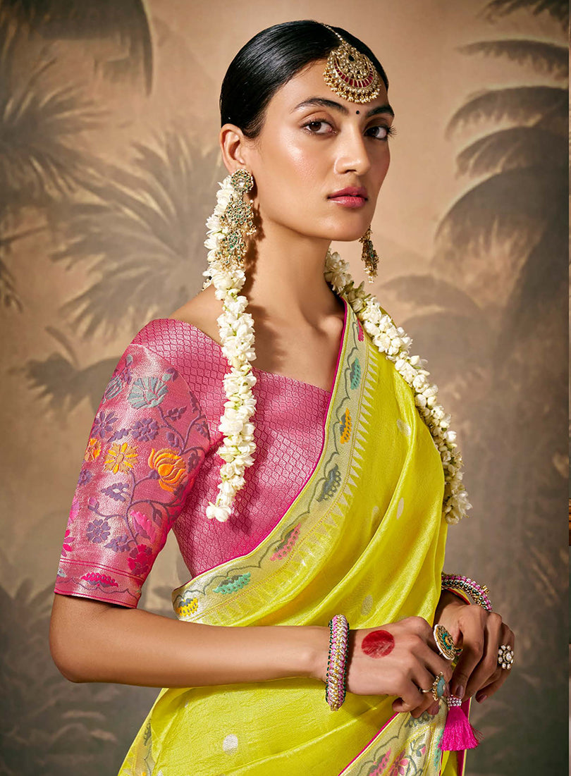 Floral Pattern Silk Saree with Zari Work in Lime Green and Pink