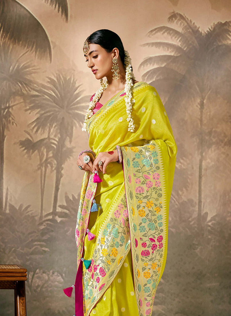 Floral Pattern Silk Saree with Zari Work in Lime Green and Pink