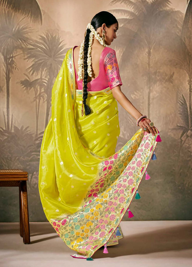 Floral Pattern Silk Saree with Zari Work in Lime Green and Pink