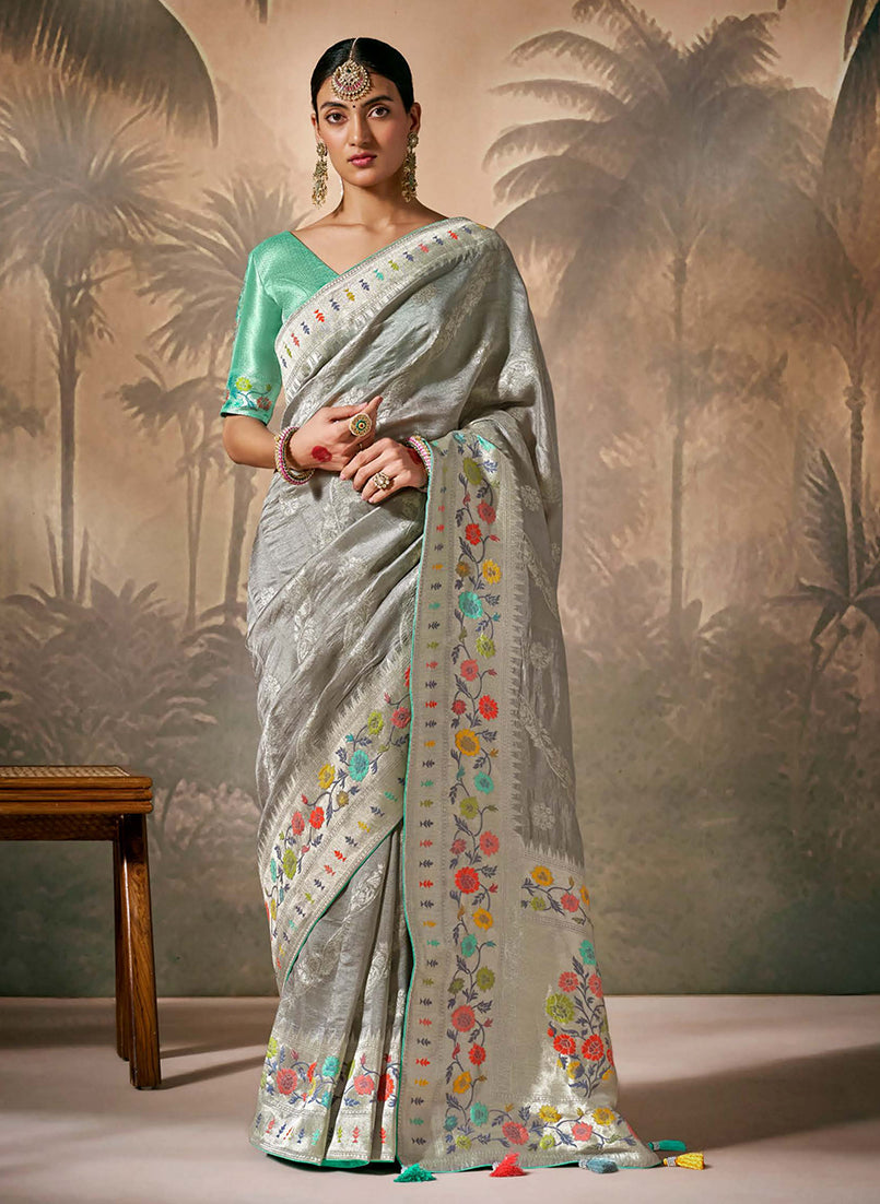 Grey silk contemporary saree with detailed floral Zari embroidery