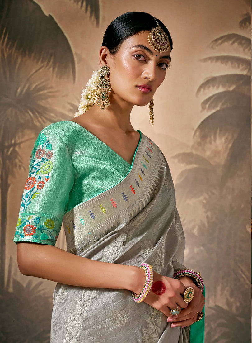 Grey Contemporary Saree with Floral Zari Work