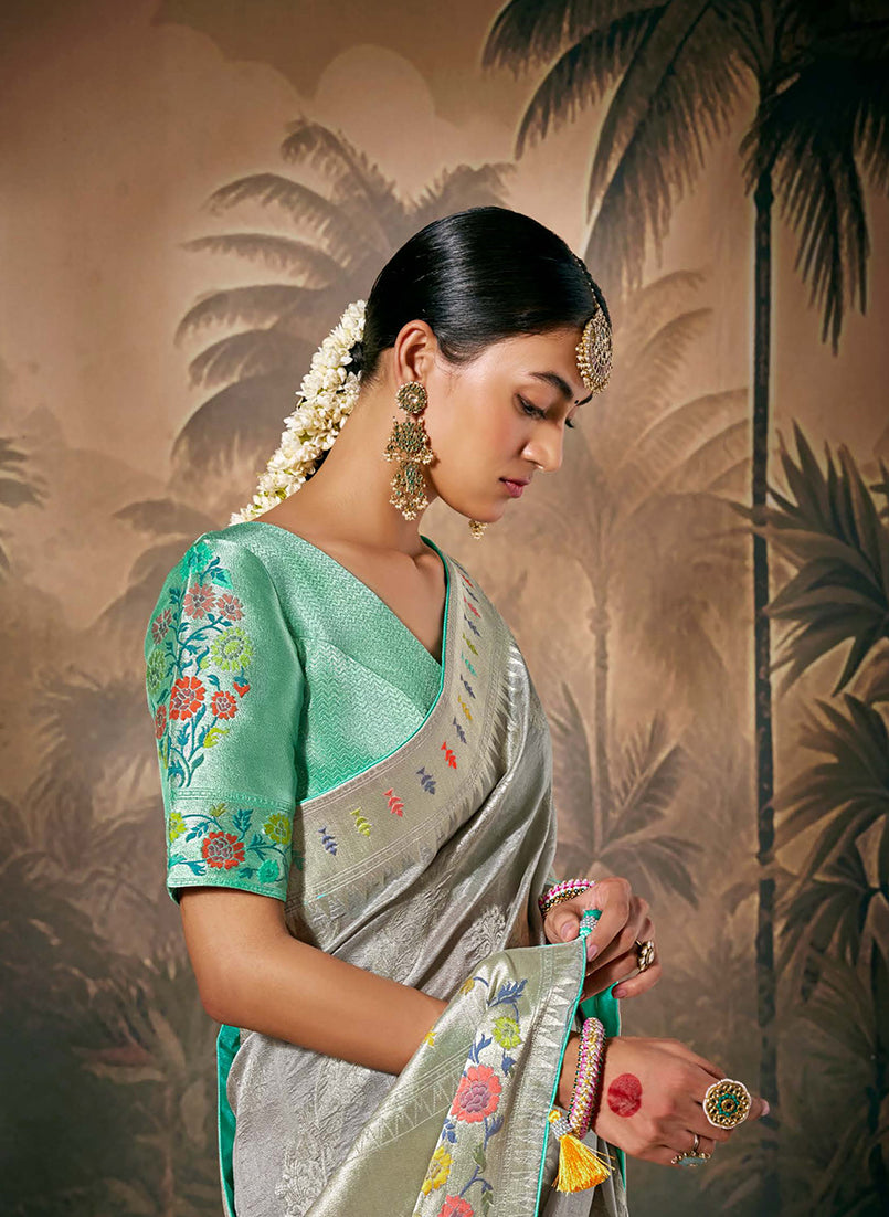 Grey Contemporary Saree with Floral Zari Work