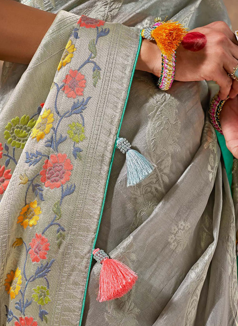 Grey Contemporary Saree with Floral Zari Work