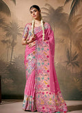 Monjolika Fashion pink silk saree with floral patterns and gold zari work