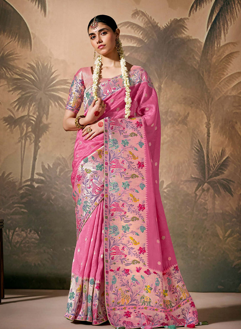 Monjolika Fashion pink silk saree with floral patterns and gold zari work