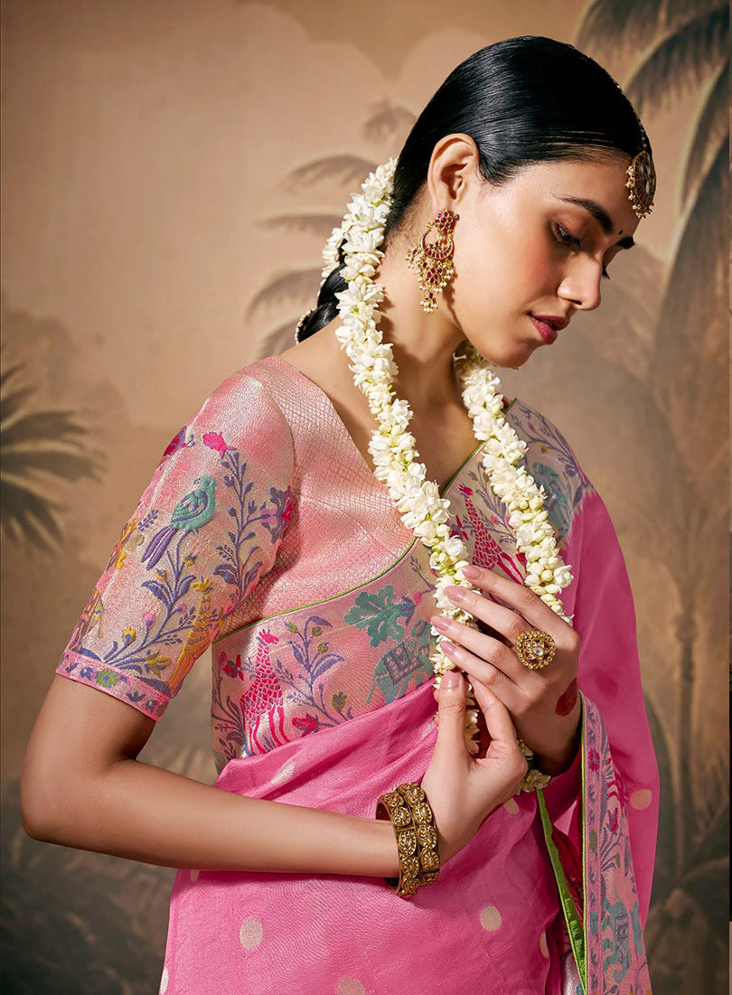 Pink Floral Pattern Silk Saree with Zari Work - Contemporary Ethnic