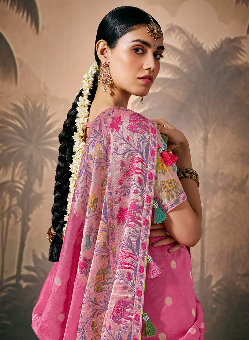 Pink Floral Pattern Silk Saree with Zari Work - Contemporary Ethnic