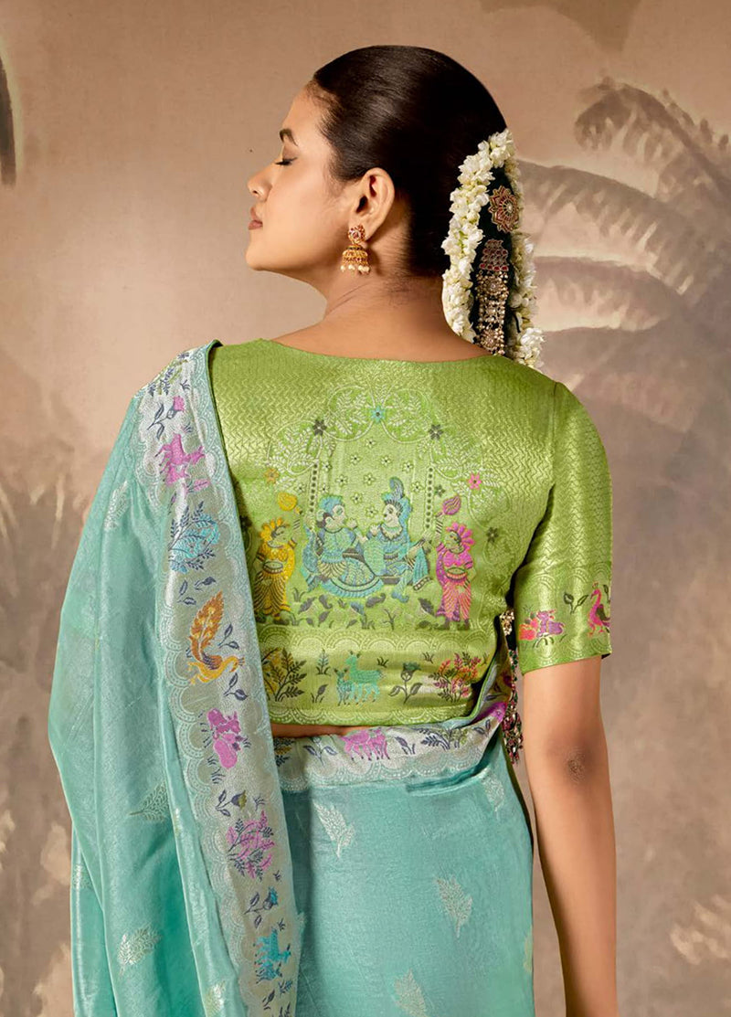 Aqua Blue Floral Silk Saree with Elegant Zari Work