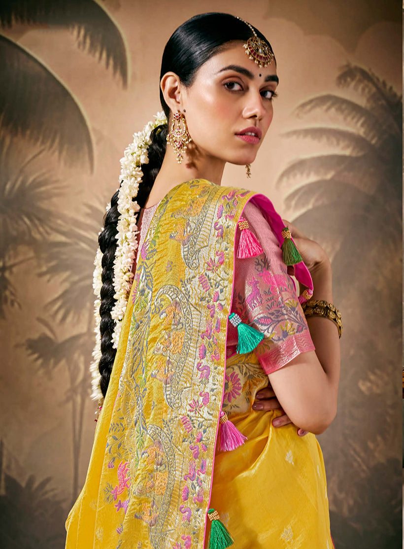 Mustard Silk Contemporary Saree with Floral Pattern and Zari Work