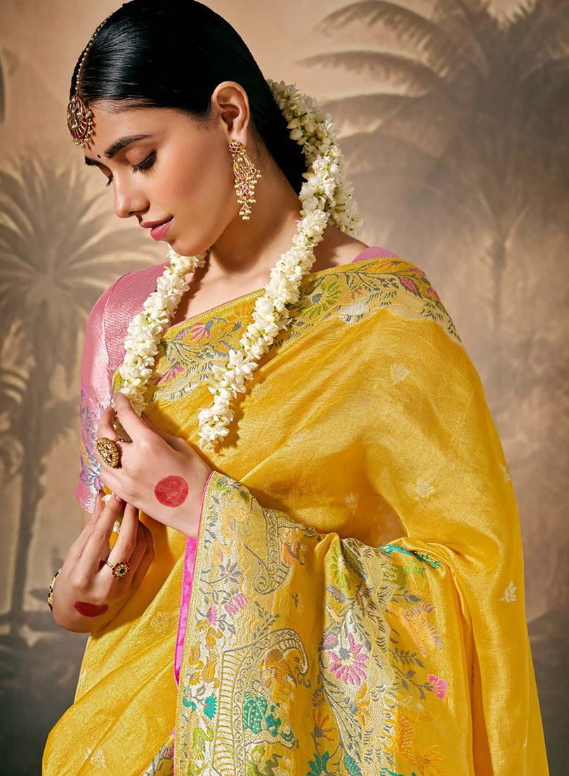 Mustard Silk Contemporary Saree with Floral Pattern and Zari Work