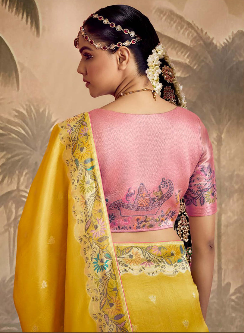 Mustard Silk Contemporary Saree with Floral Pattern and Zari Work