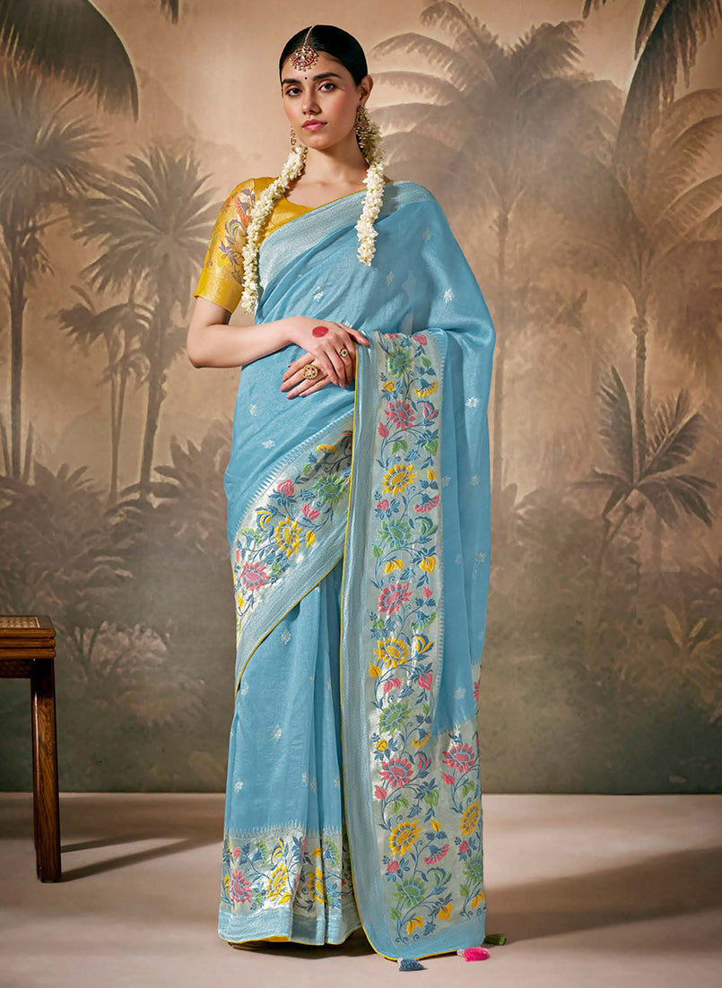 Sky blue contemporary silk saree with delicate floral Zari embroidery