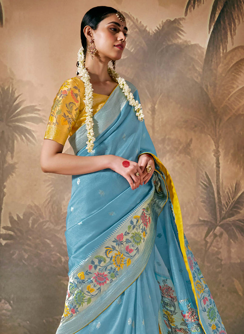 Sky Blue Contemporary Saree with Floral Zari Work