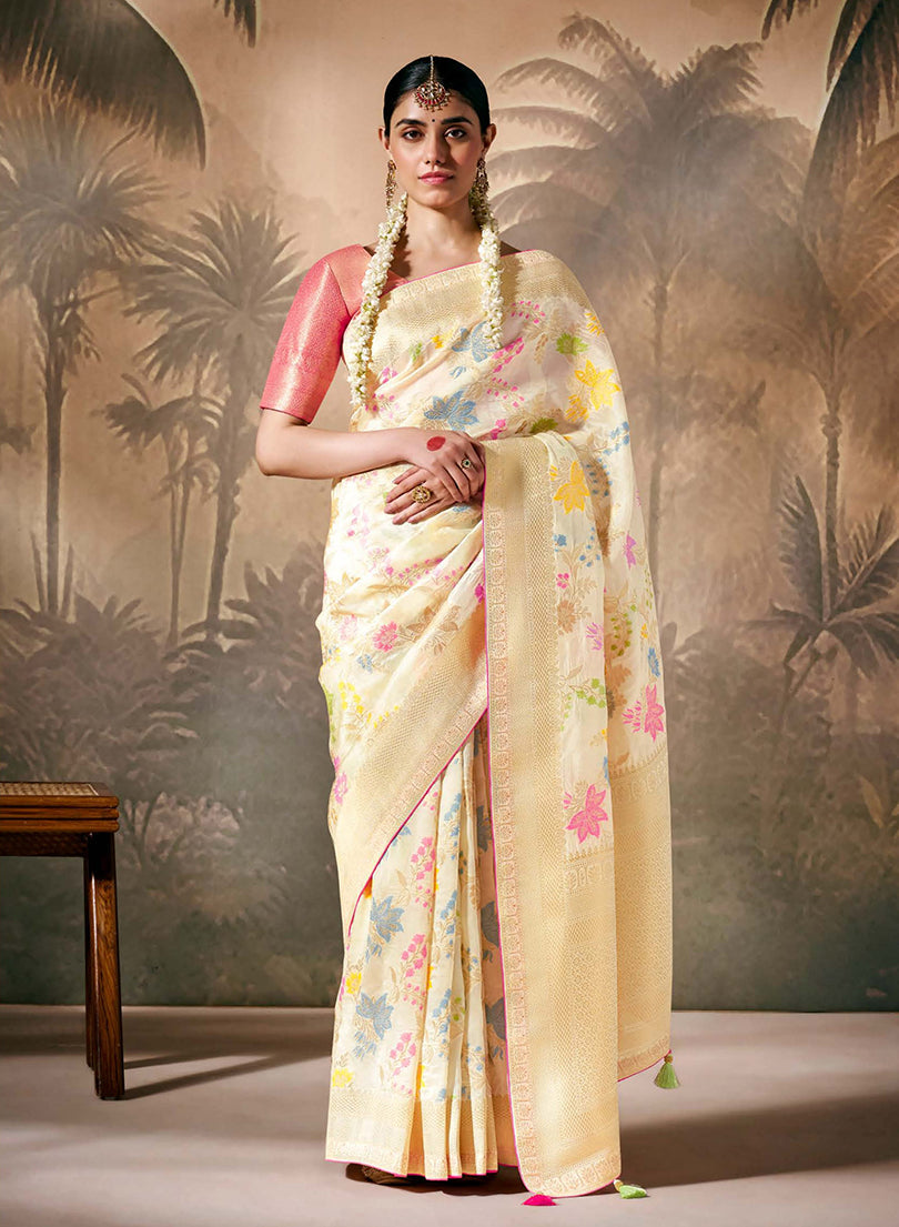 Cream silk contemporary saree with beautiful floral Zari work