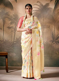 Cream silk contemporary saree with beautiful floral Zari work