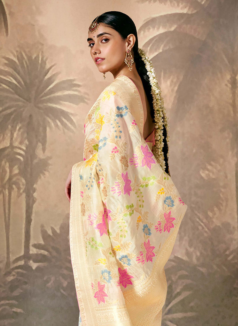 Cream Contemporary Saree with Floral Zari Work