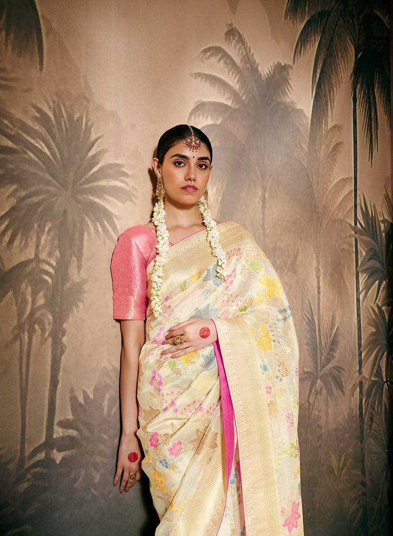 Cream Contemporary Saree with Floral Zari Work