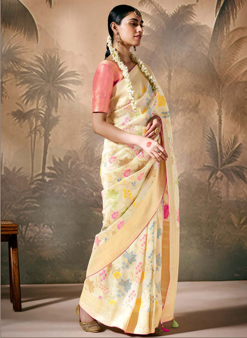 Cream Contemporary Saree with Floral Zari Work