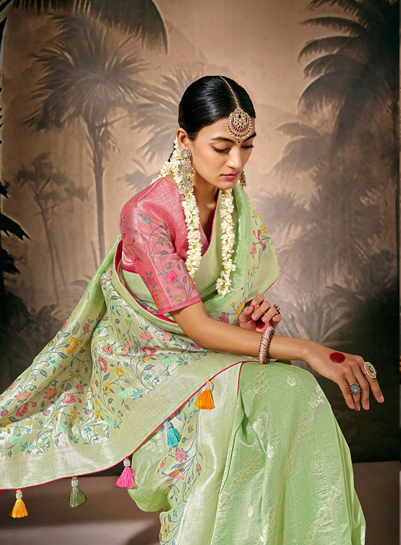 Light Green Contemporary Saree with Floral Zari Work