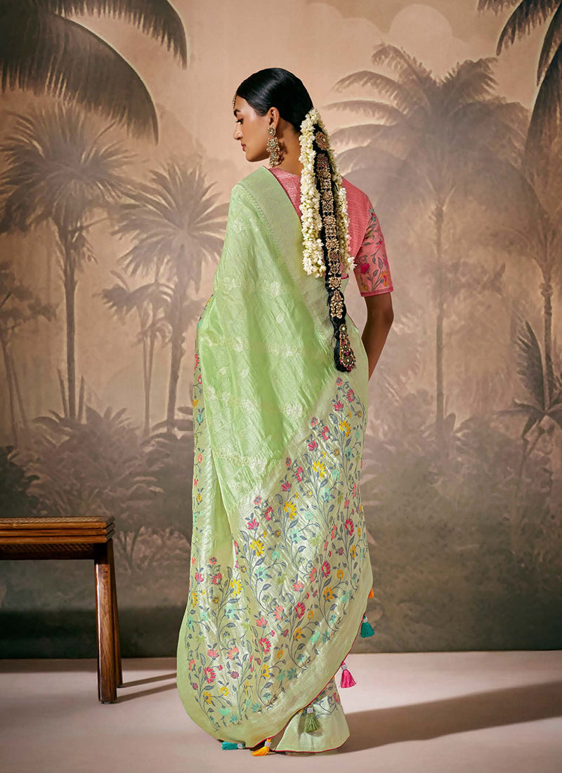 Light Green Contemporary Saree with Floral Zari Work