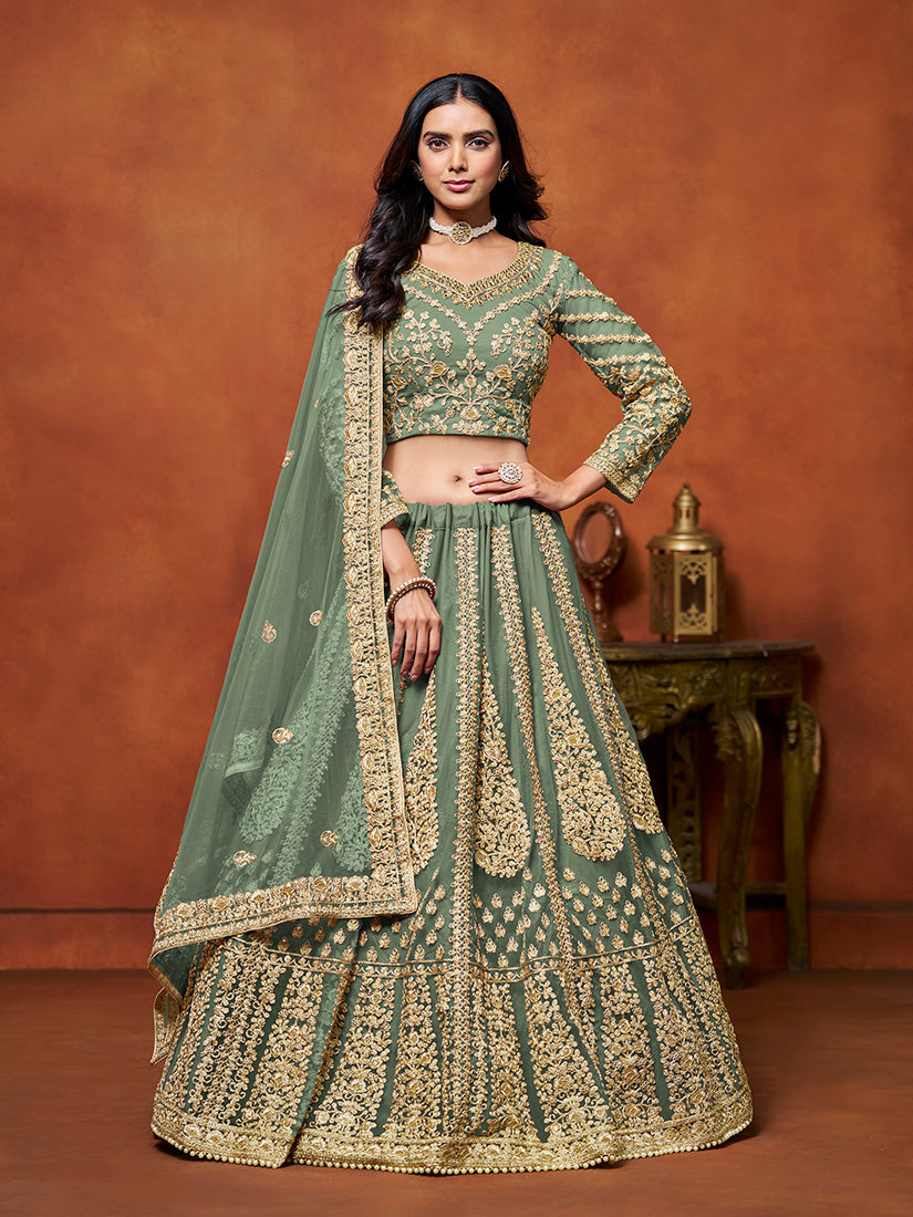 Green designer lehenga choli made of net with embroidery