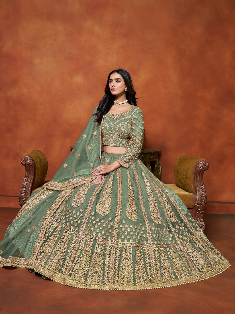 Green Net Embroidered Designer Lehenga Choli for Divas